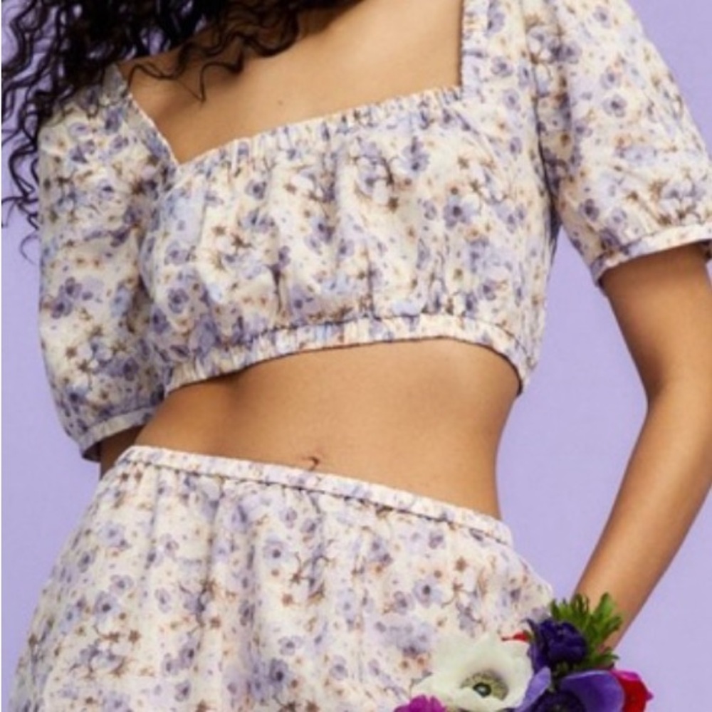 H&M Blue and Purple Puff Sleeve Crop Top